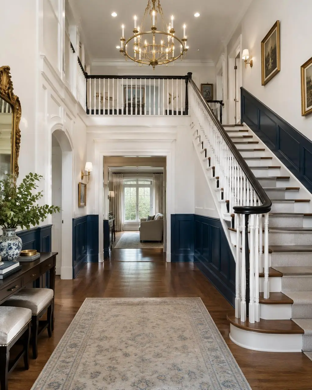 Grand foyer inspiration with crisp white trim and navy wainscoting