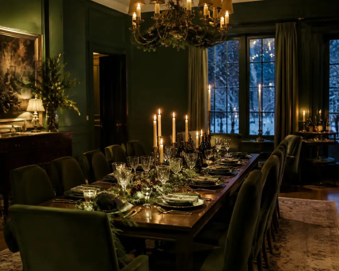 Design inspiration: candlelit holiday dinner in a deep green dining room