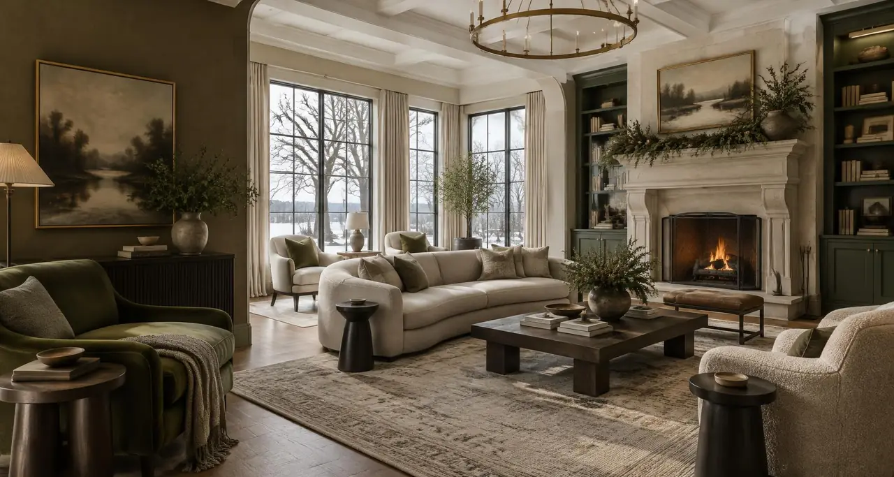 An elegant winter living room with warm painted walls, a fireplace and deep green built-ins