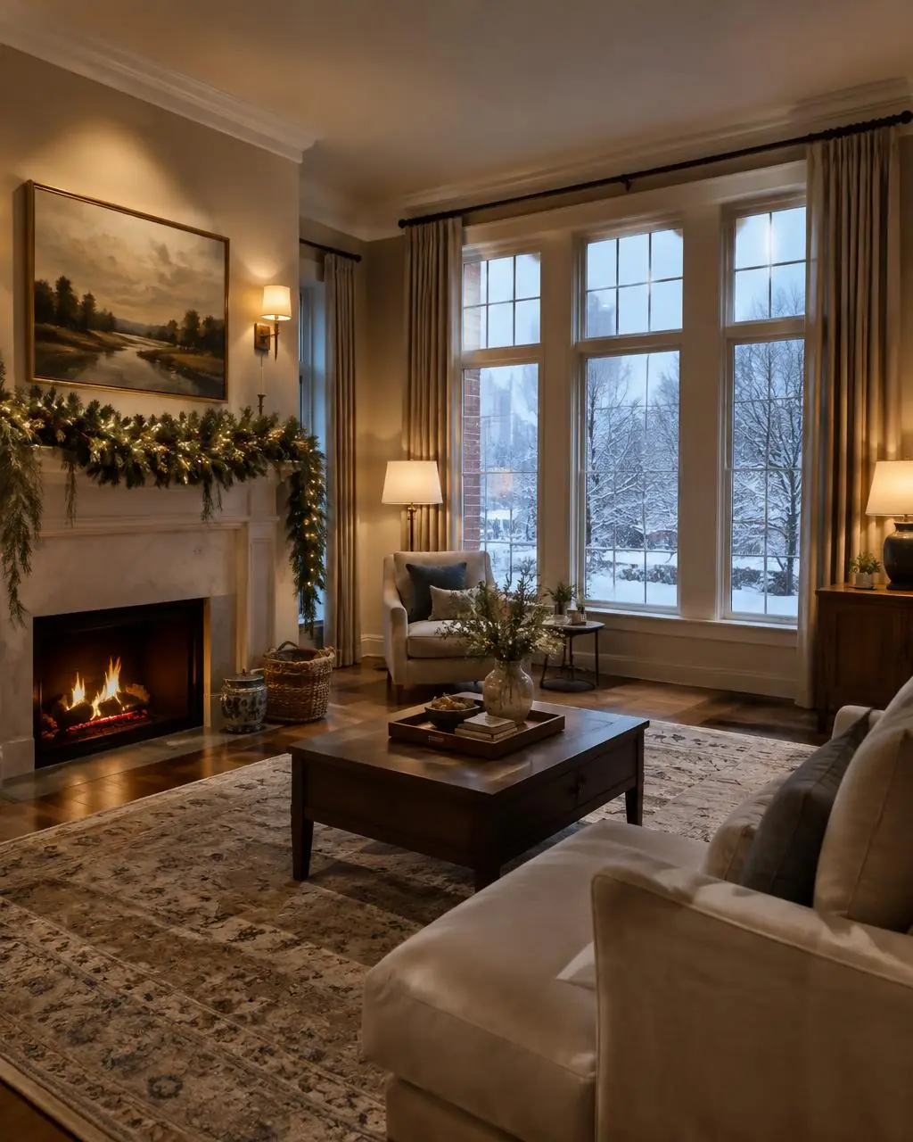 Winter living room painting inspiration with fireplace and snowy windows
